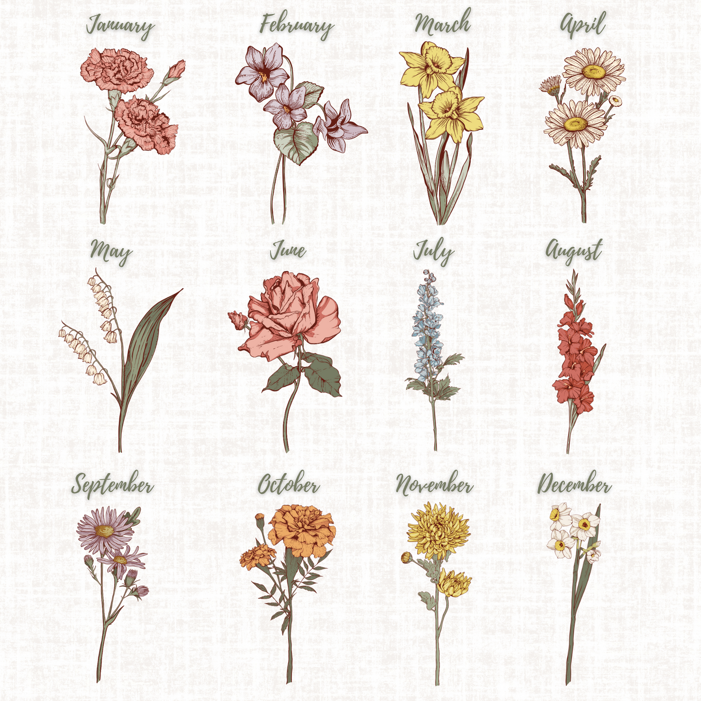 Family Bouquet - 8X10 Vintage Birth Flower Print